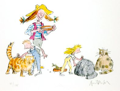 Quentin Blake - 2005 Giclee, Framed Signed Limited Edition, Her Three Fat Cats