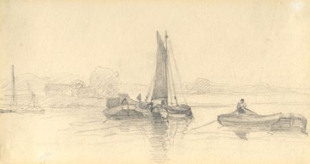 James Stark - 19th Century Graphite Drawing, River Scene with Barges