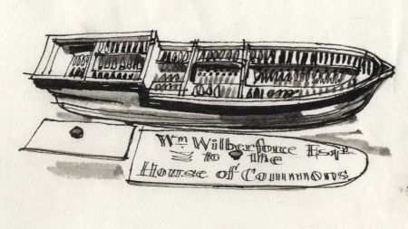 Paul Sharp - 1964 Pen and Ink Drawing, Model Slave Ship, Hull