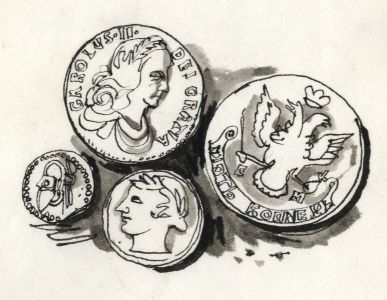 Paul Sharp - 1964 Pen and Ink Drawing, Coins Chelmsford and Essex Museum