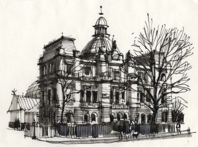 Paul Sharp - 1964 Pen and Ink Drawing, Peoples Palace and Winter Gardens Glasgow
