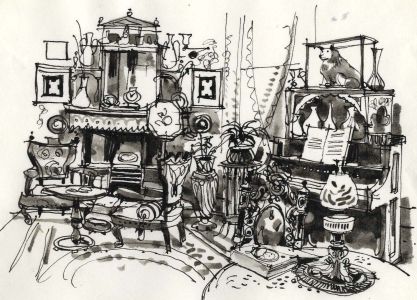 Paul Sharp - 1964 Pen and Ink Drawing, Victorian Room, Larkhill Place, Salford