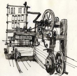 Paul Sharp - 1964 Pen and Ink Drawing, Spinning Mule Crompton Blackburn