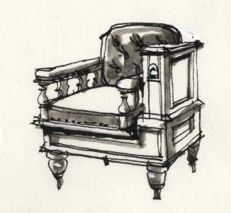 Paul Sharp - 1964 Pen and Ink Drawing, Weighing Chair, Avery's