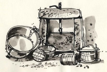 Paul Sharp - 1964 Pen and Ink Drawing, Cheese Presses