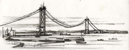 Paul Sharp - Monochrome 1963 Watercolour, Forth Road Bridge