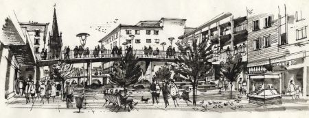 Paul Sharp - Monochrome 1963 Watercolour, Coventry Footbridge