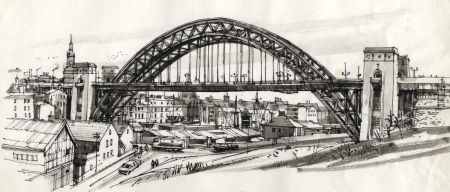 Paul Sharp - Monochrome 1963 Watercolour, Newcastle Steel Arch Bridge