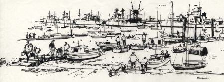 Paul Sharp - 1964 Pen and Ink Drawing, Hardway Portsmouth Harbour