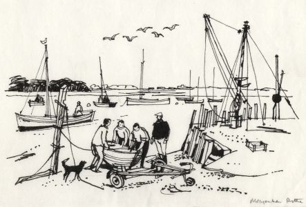 Paul Sharp - 1964 Pen and Ink Drawing, Hauling Out at Mengham Quay