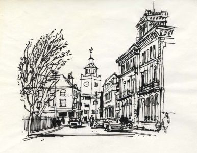 Paul Sharp - 1964 Pen and Ink Drawing, Town Scene