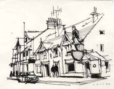 Paul Sharp - 1964 Pen and Ink Drawing, Seaside Pub