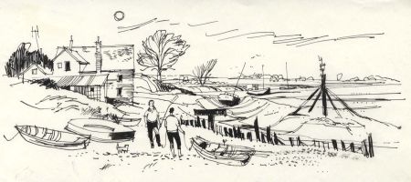Paul Sharp - 1964 Pen and Ink Drawing, Seaside Scene