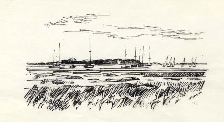 Paul Sharp - 1964 Pen and Ink Drawing, Chichester Channel from Opposite Itchen