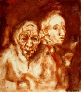 J Gilbert - Mid 20th Century Mixed Media, Picture of Faces in Burnt Sienna + Red