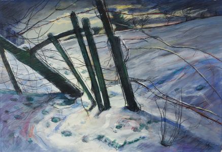 A R - Contemporary Mixed Media, Declining Gate in Sunset Snow
