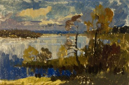 Edgar Vinters - 1969 Monotype, Daugara, Landscape Dusk on the Lake