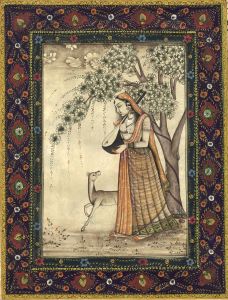 Exquisite 18th Century Mughal Gouache on Parchment, Woman with Lute