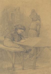 19th Century Graphite Drawing - Child at a Writing Desk