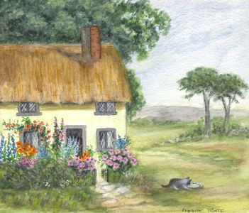 Elizabeth Painter - Contemporary Watercolour, Thatched Cottage with Cat