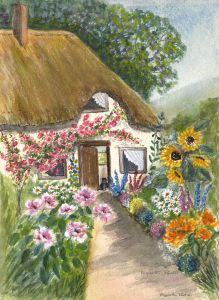 Elizabeth Painter - Contemporary Watercolour, Thatched Cottage with Cat