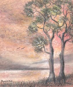 Elizabeth Painter - Contemporary Pastel, Trees by the Lake at Sunset
