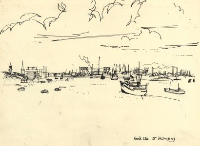 Paul Sharp - 1962 Pen and Ink Drawing, Ships at Port