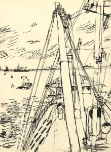Paul Sharp - 1962 Pen and Ink Drawing, View from Ship's Mast