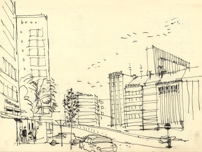 Paul Sharp - 1962 Pen and Ink Drawing, Cityscape
