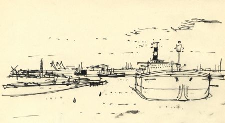 Paul Sharp - 1962 Pen and Ink Drawing, Ship at Harbour