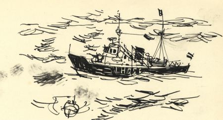 Paul Sharp - 1962 Pen and Ink Drawing, Ship at Sea