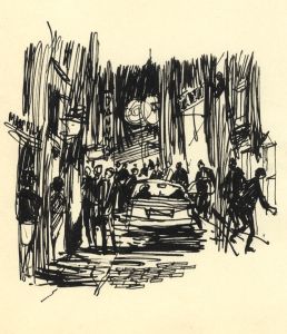 Paul Sharp - 1962 Pen and Ink Drawing, Night Street Scene