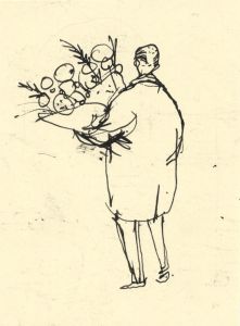 Paul Sharp - 1962 Pen and Ink Drawing, Man Carrying Flowers