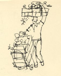 Paul Sharp - 1962 Pen and Ink Drawing, Man Carrying Flower Boxes