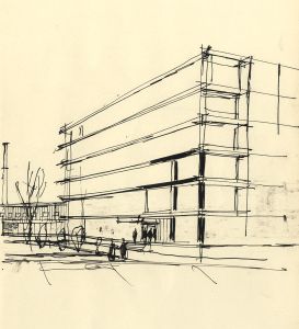Paul Sharp - Mid 20th Century Pen and Ink Drawing, Building with Figures
