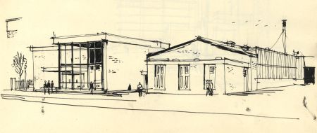 Paul Sharp - Mid 20th Century Pen and Ink Drawing, Building with Figures