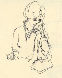 Paul Sharp - Mid 20th Century Pen and Ink Drawing, Woman on Telephone