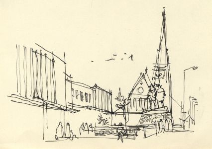Paul Sharp - Mid 20th Century Pen and Ink Drawing, Urban Street with Church