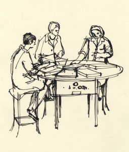 Paul Sharp - Mid 20th Century Pen and Ink Drawing, Seated Figures at a Table