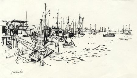 Paul Sharp - 1963 Pen and Ink Drawing, In Southwold Harbour