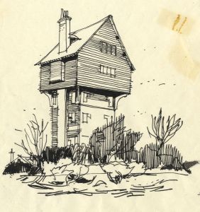 Paul Sharp - 1963 Pen and Ink Drawing, House in the Clouds