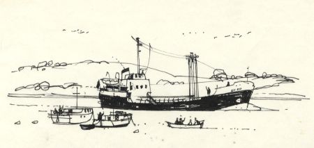 Paul Sharp - 1963 Pen and Ink Drawing, Coaster Going Down River