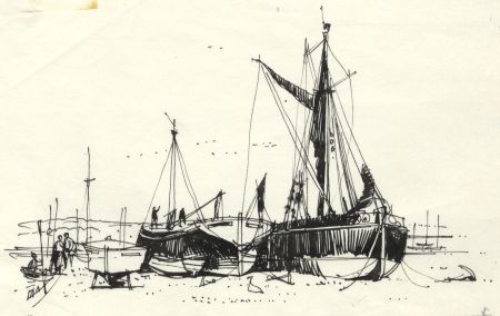 Paul Sharp - 1963 Pen and Ink Drawing, Barges at Pinmill