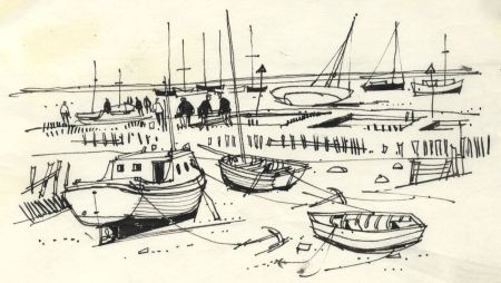 Paul Sharp - 1963 Pen and Ink Drawing, Oyster Boats, Mersea Island