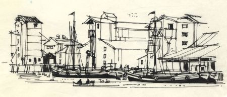 Paul Sharp - 1963 Pen and Ink Drawing, Barges at Maldon