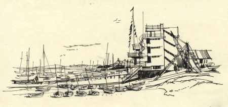 Paul Sharp - 1963 Pen and Ink Drawing, Hards and Yacht Clubs, Burnham