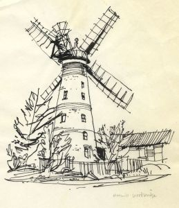 Paul Sharp - 1963 Pen and Ink Drawing, Windmill, Woodbridge