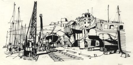 Paul Sharp - 1964 Pen and Ink Drawing, Yacht Yards, Dover