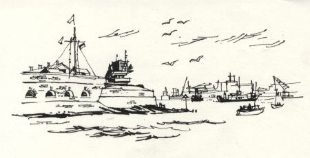 Paul Sharp - 1964 Pen and Ink Drawing, Entrance to Portsmouth Harbour