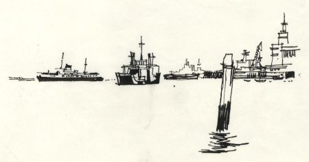 Paul Sharp - 1964 Pen and Ink Drawing, Ships at Port